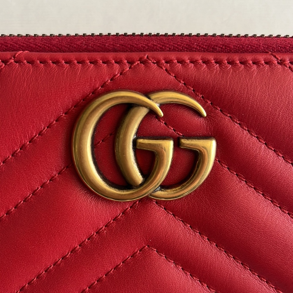 Gucci Calfskin Matelasse GG Marmont Zip Around Wallet Hibiscus Red - Picture 10 of 16
